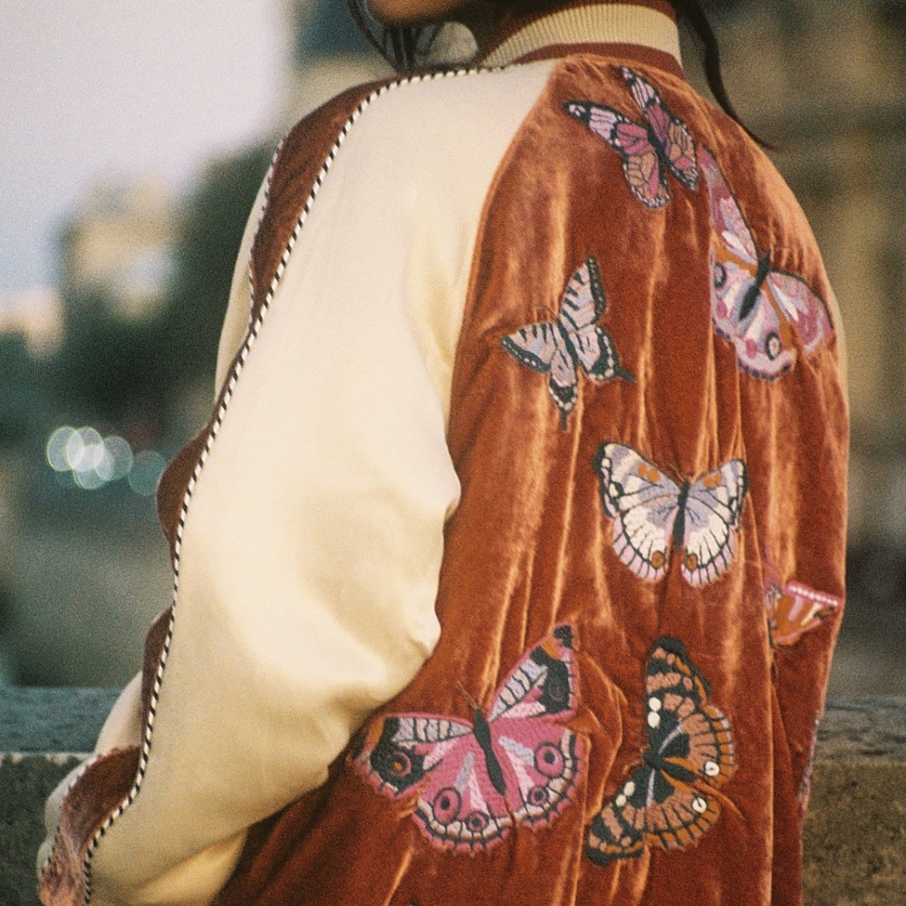 Free People Velvet Embroidered Butterfly Bomber Jacket